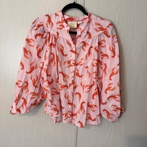 Maeve for Anthropologie Whimsy Lobster Buttondown blouse in pink and red